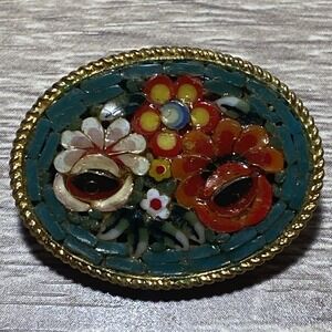 Vintage Micro Mosaic Rose Design Brooch Pin Italy Floral Green Red Yellow